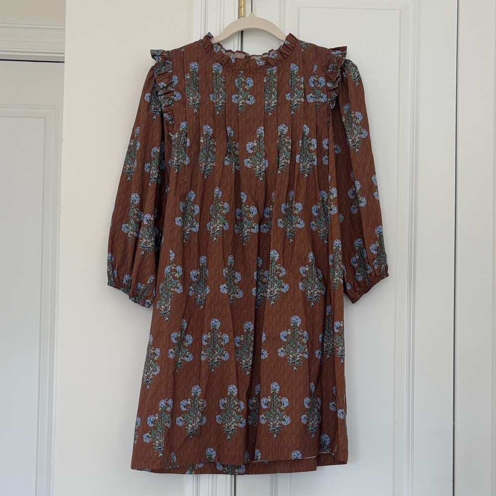 Umgee Brown Floral Shift Dress with Blue Print